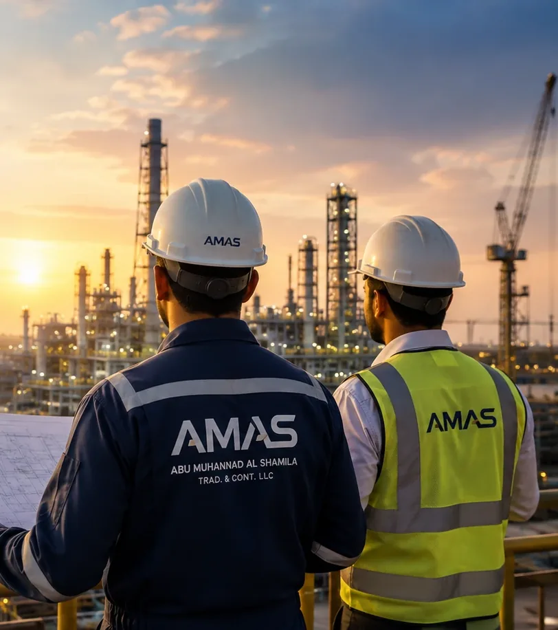 Refinery and construction cranes against a sunset sky