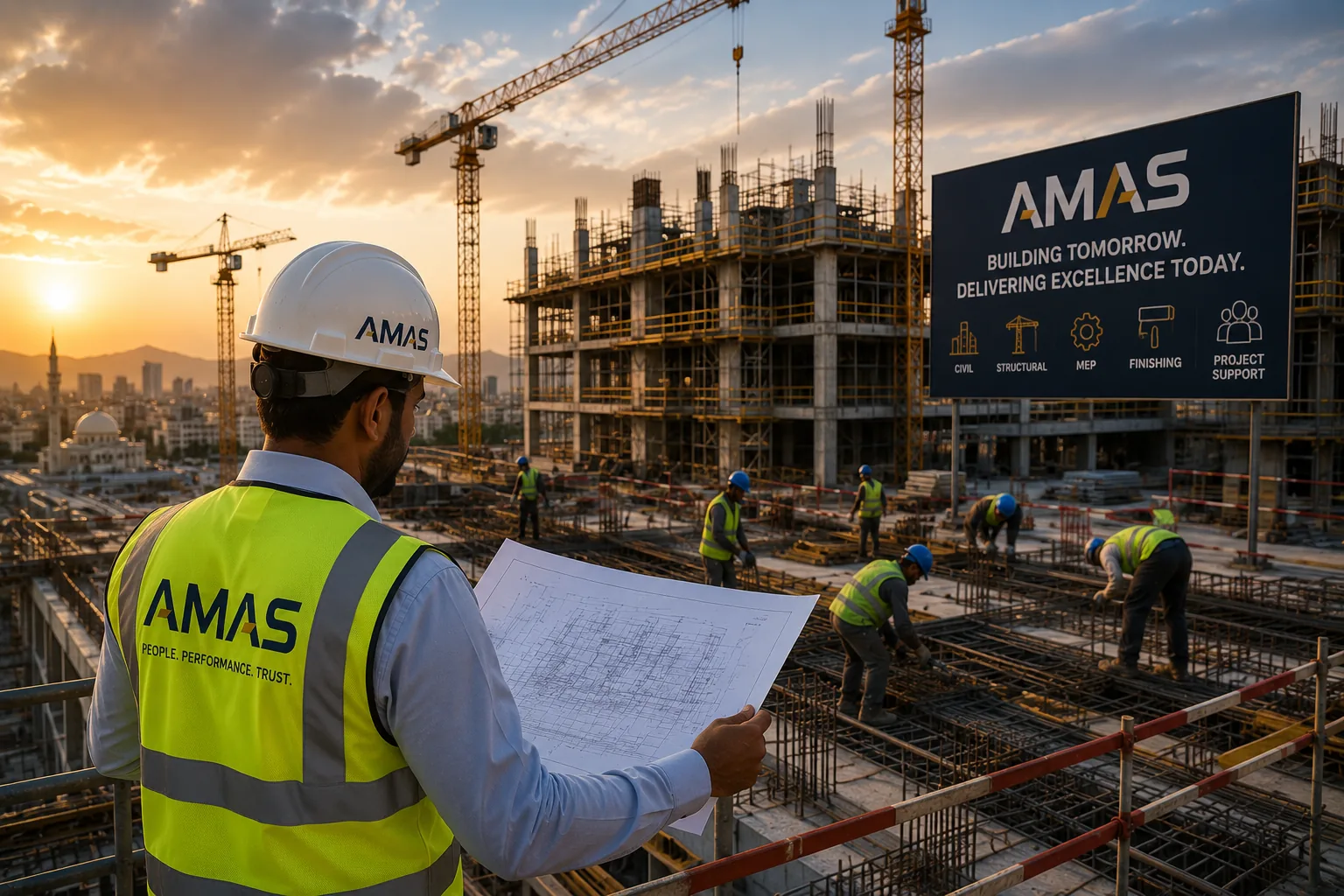 Site engineer with drawings overlooking a reinforced concrete structure