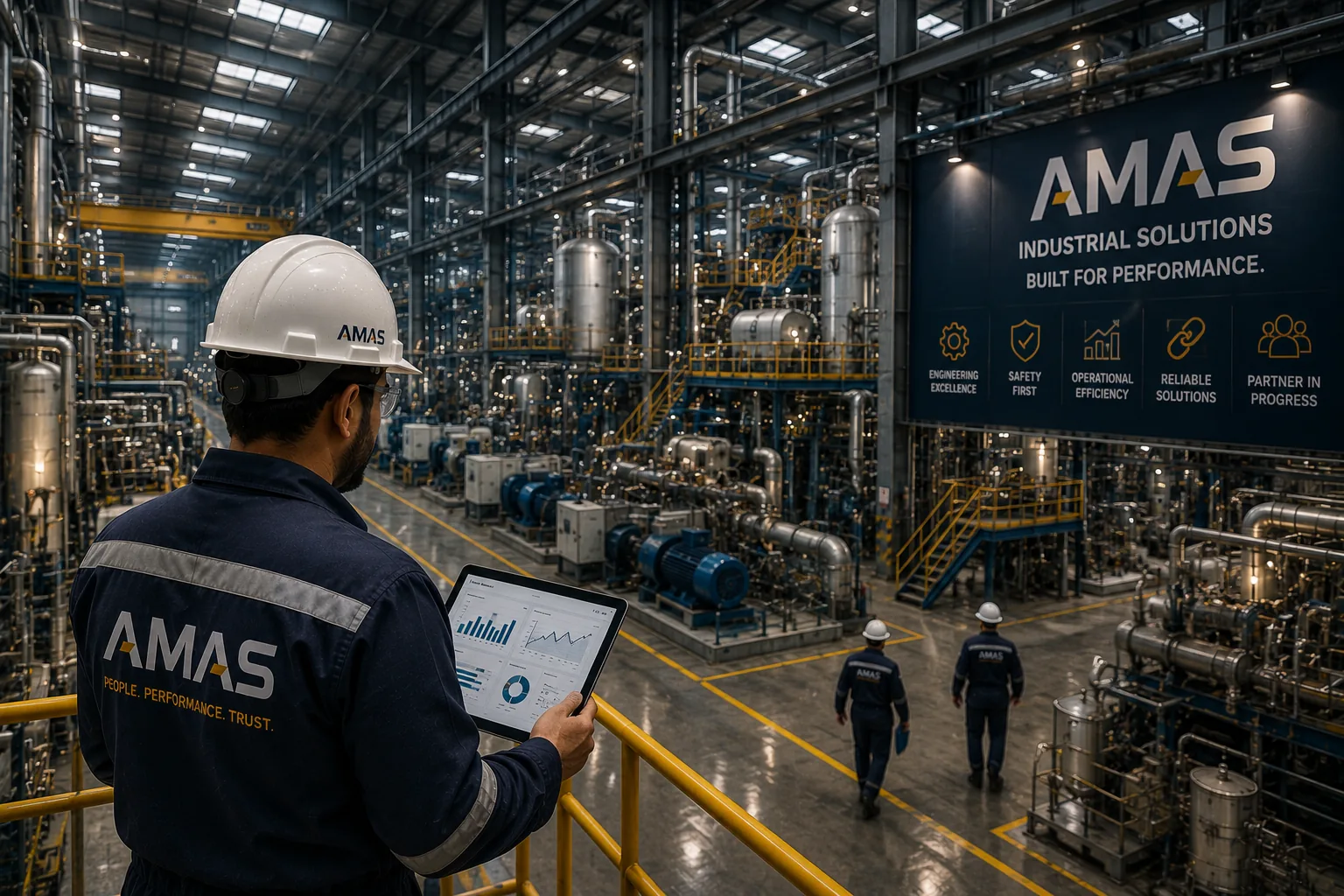 Technician on an access platform overlooking process equipment