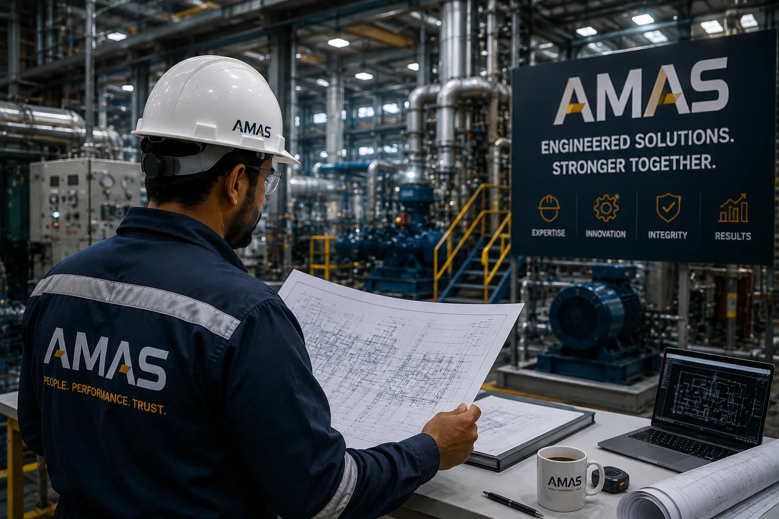 Engineer studying a technical drawing beside process equipment
