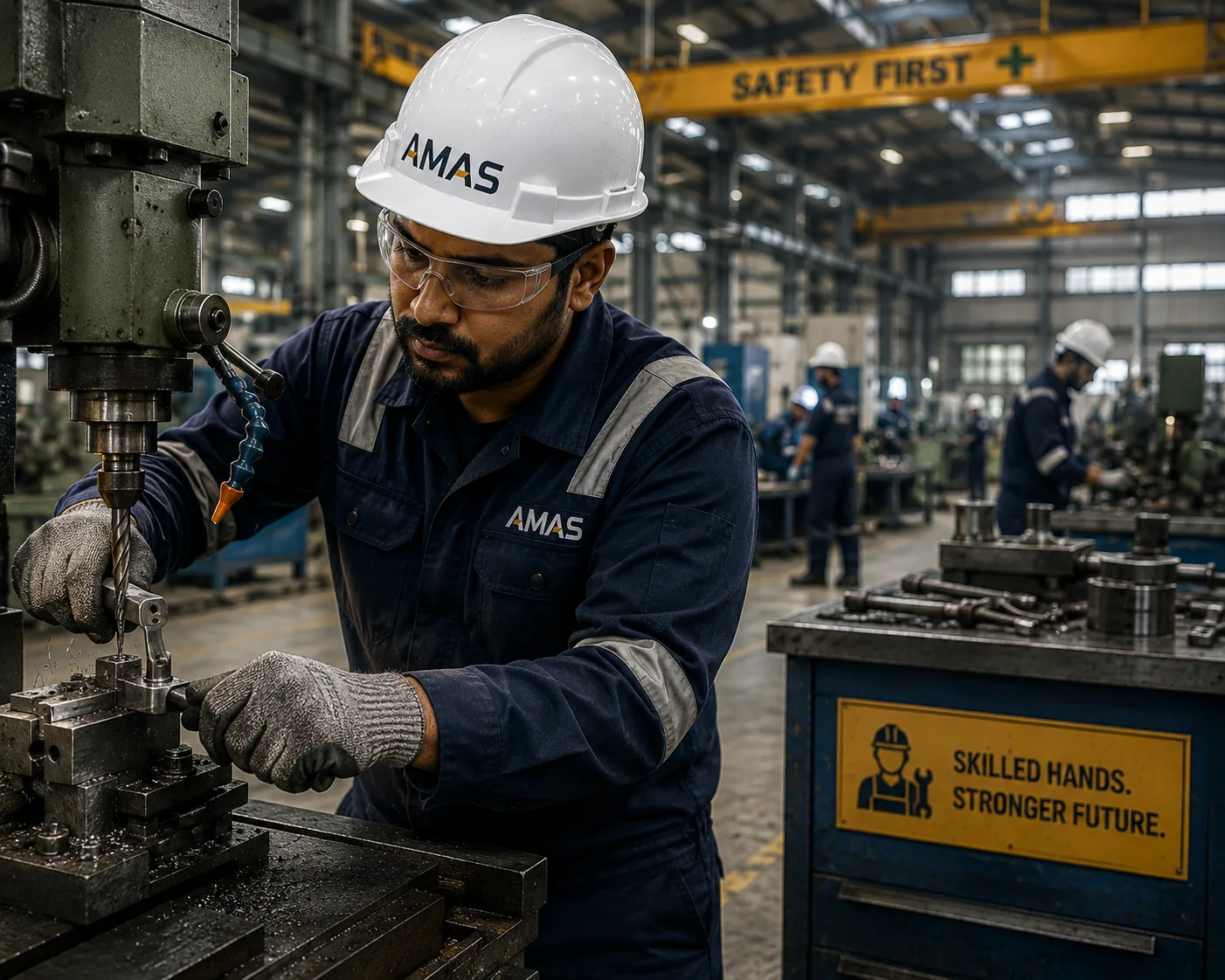 Machinist in protective equipment operating a drilling machine